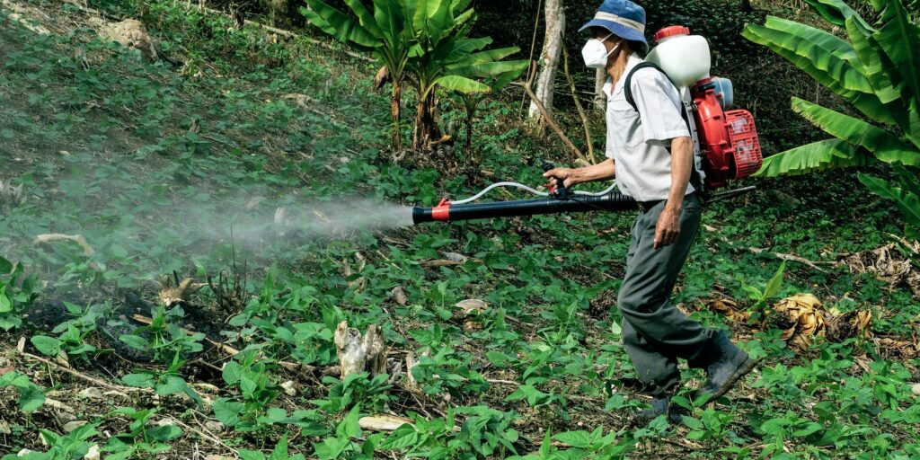 Man spraying pesticides on farm